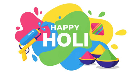 Fototapeta premium A festive flat design illustration for a 'Happy Holi' greeting banner, featuring abstract color splashes and iconic festival elements. 