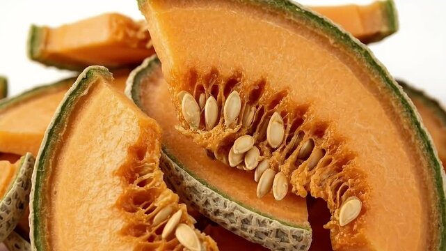 Close Up Orange Cantaloupe Slices With Seeds In Bright Light