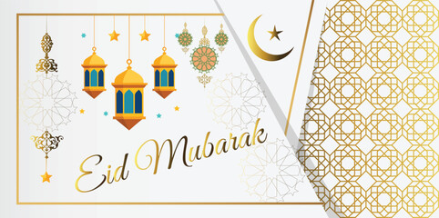  Eid mubarak glowing crescent moon with hanging lantern and Eid mubarak text.