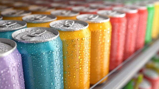 Row of colorful cold beverage cans with condensation on a supermarket shelf. Refreshing drink concept for summer.