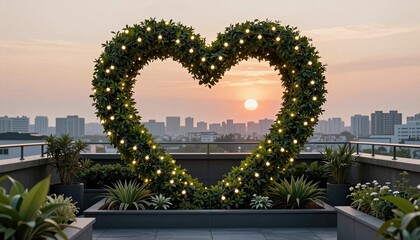 Obraz premium Romantic Rooftop Heart Decoration with Cityscape Sunset View.