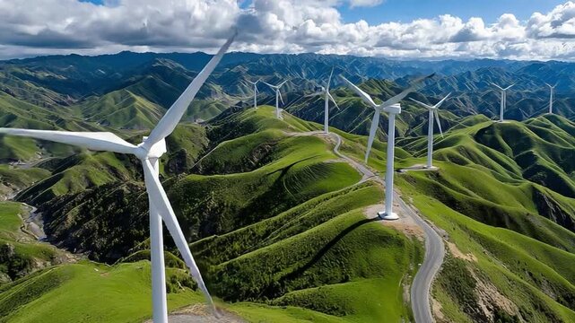 Wind Turbines on the green hills: A breathtaking image of wind turbines dotting lush green hills under a bright blue sky, the epitome of renewable energy.