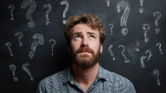 Young caucasian man with beard looking up with question marks drawn on a black background, representing confusion and problem solving.