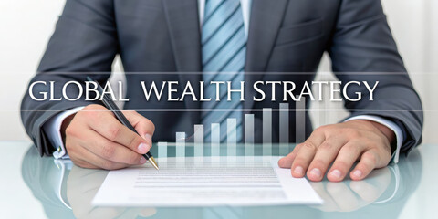 Businessman hand signing agreement, global wealth strategy concept, financial growth chart overlay, professional suit, investment planning, success, corporate office