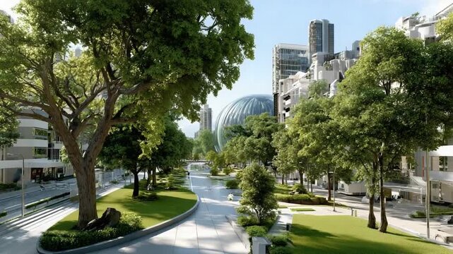Urban Oasis: Lush green trees line a serene city street, providing a breath of fresh air amidst the towering buildings and urban landscape, where nature and modernity intertwine.