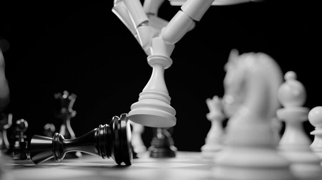 ai Artificial Intelligence,Data Science,Information technology,edge computing.Robotic arm playing chess on chessboard.Advanced technology utilizes complicated algorithms to solve problems for humanity