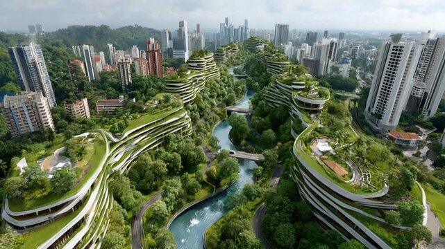 Eco-Cityscape: An aerial panorama of a verdant urban environment, where architecture harmonizes with nature. Verdant rooftops and buildings blend seamlessly with the vibrant green landscape.