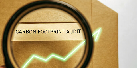 Carbon footprint audit document under magnifying glass, green upward arrow, sustainability, environmental impact, business analysis, eco friendly concept