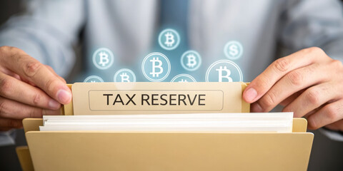 Tax reserve folder held by professional hands, digital bitcoin symbols floating above, concept of cryptocurrency finance, accounting, and tax planning in modern business environment
