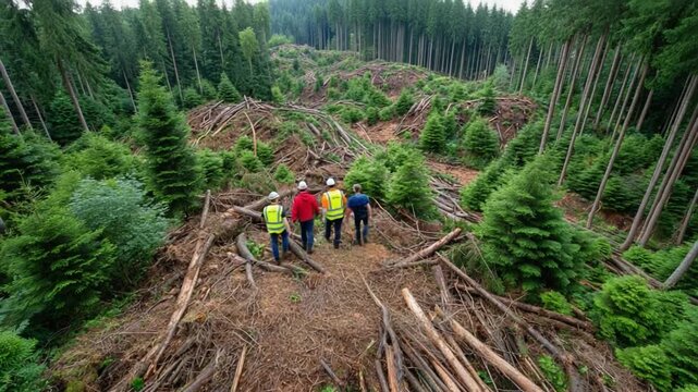 Deforestation Assessment in Mountain: A team of experts survey the damage, standing amidst a clear-cut forest. A striking visual commentary on the effects of habitat destruction.