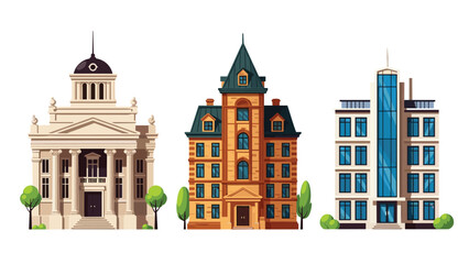 Naklejka premium Set of three diverse buildings featuring a traditional columns style structure, a brick apartment building, and a modern glass office skyscraper.