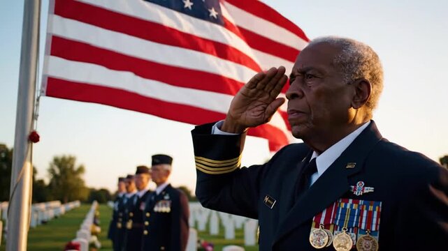 Loyalty and Honor in Military Tribute with American Flag and Saluting Veteran