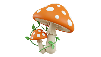 Cute 3D Rendered Orange and White Polka Dot Mushrooms with Vines