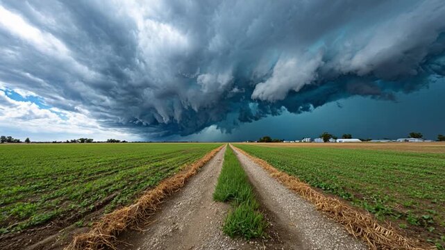 Stormy Path: A foreboding storm cloud hangs ominously overhead as a dirt road stretches towards the horizon through lush green fields.