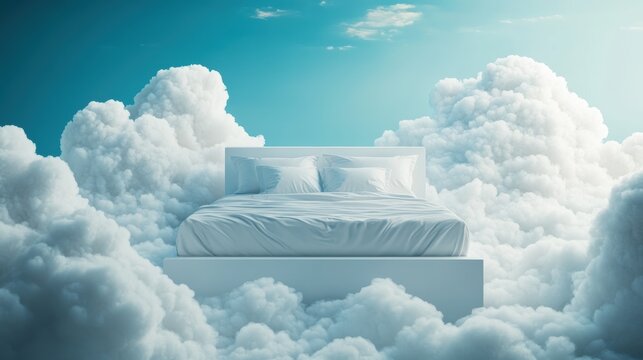 Surreal white bed floating among fluffy clouds in a bright blue sky
