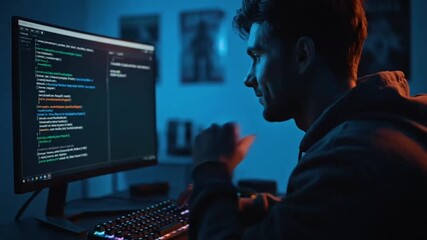 A professional hacker or person working on a laptop at an office desk using modern internet technology and a keyboard to communicate online - Powered by Adobe
