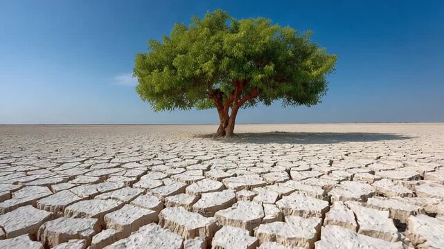 Resilient Solitude: A solitary tree stands steadfast amidst a vast expanse of cracked, arid earth under a brilliant blue sky, portraying resilience.