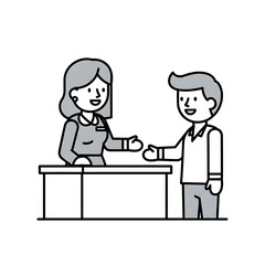 Man and Woman Shaking Hands at Counter.