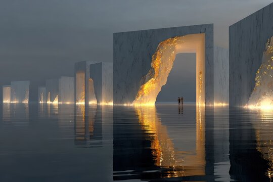 A futuristic architectural scene, featuring a series of glowing marble archways over a reflective water surface