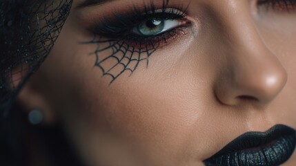 Woman with halloween spider web makeup and dark lipstick. Spooky beauty look for Halloween party. Creative artistic face paint.