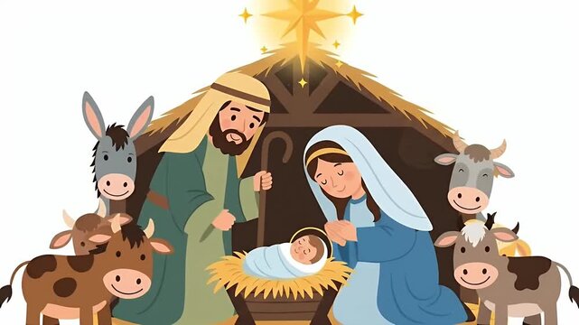 Christmas Nativity Scene With Holy Family Stable Animals And Star