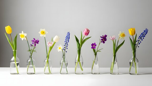 A vibrant arrangement of colorful tulips and other flowers in glass vases on a white surface - Powered by Adobe