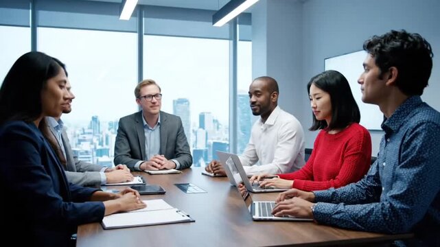 A professional business team of smiling colleagues and executives works together during a meeting at a conference table with a laptop and computer in a modern office