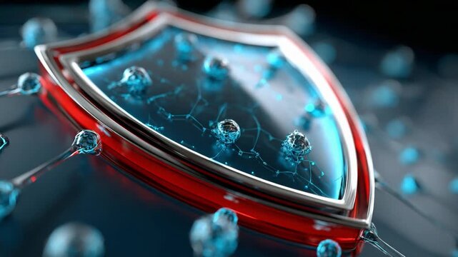 Cyber Shield: A glowing shield, symbolizing data protection and security, is intricately designed with a vibrant red border, blue core, and a network of digital connections.
