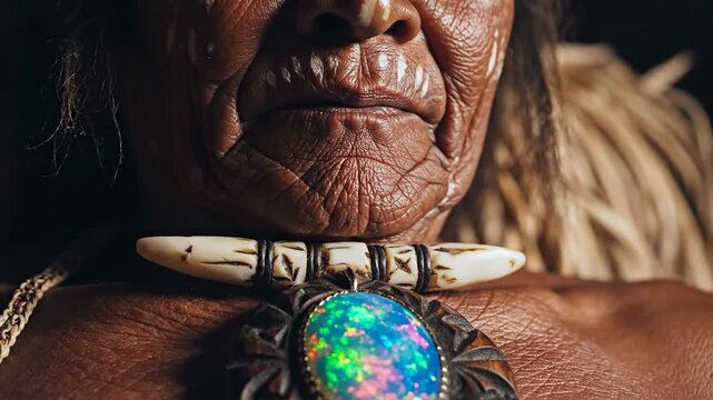 Ancient tribal elder wearing opal pendant necklace in closeup