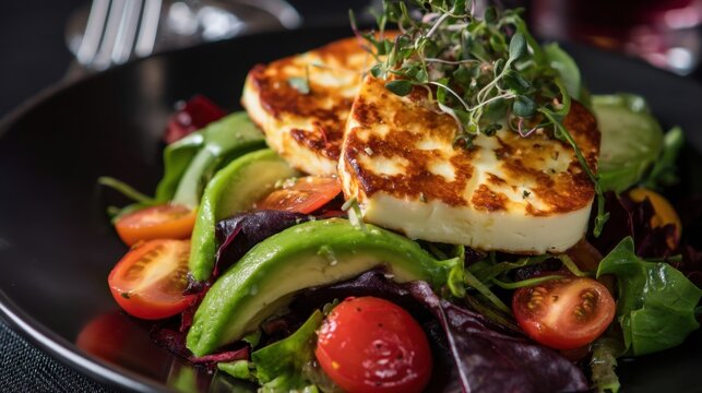 Delicious grilled halloumi cheese with fresh avocado, arugula, and cherry tomato salad. Healthy Mediterranean food concept for restaurant menu.