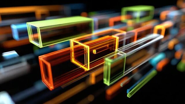 Abstract 3D Geometric Art: A mesmerizing abstract composition of colorful, transparent rectangular prisms, floating in a dynamic array of interconnected lines and structures.