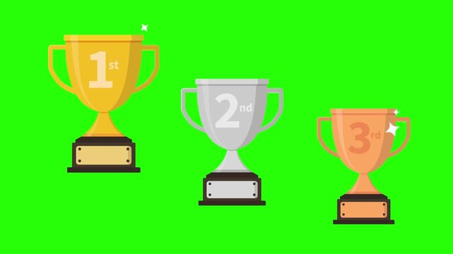 gold silver bronze champion trophy, animated 1st, 2nd, 3rd place trophy gold bronze silver green screen 4k looping