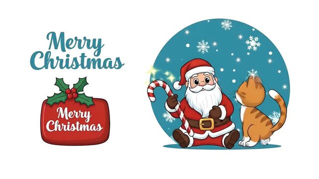 Christmas Santa Claus With Cute Cat Candy Cane Snowflakes Merry Christmas