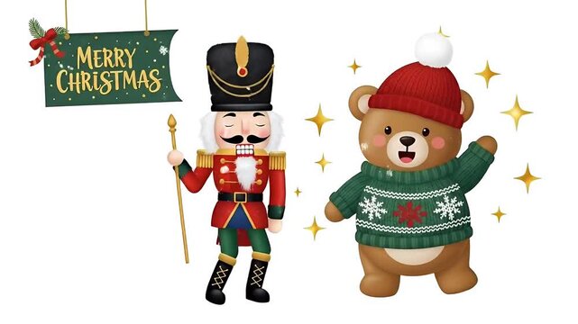 Christmas Nutcracker and Bear Festive Celebration with Merry Christmas Banner