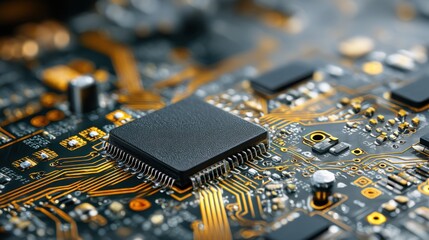 Close up of circuit board with microchip. Technology electronics and digital hardware background. Microprocessor for computer science motherboard.