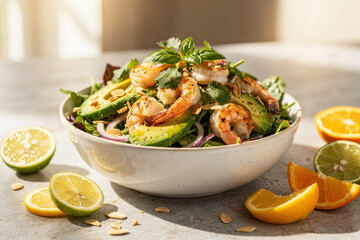 Healthy shrimp and avocado salad with citrus and almonds, a vibrant and nutritious meal