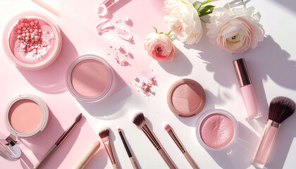 Pink Cosmetic Flat Lay with Makeup Products and Flowers