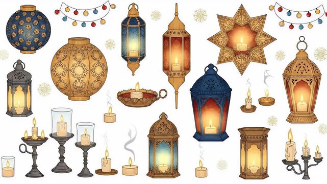 Collection Of Arabic Lanterns And Candles With String Lights