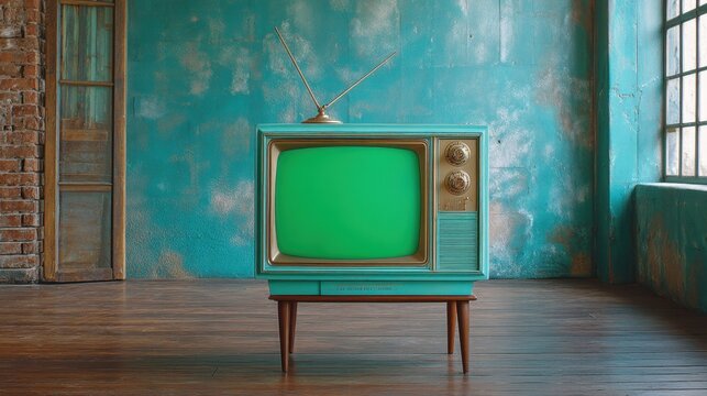 Vintage television set with green screen for copy space on a wooden floor in a distressed room. Retro media broadcasting concept.
