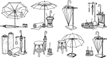 Various Umbrellas and Stools with Tools and Equipment Drawings