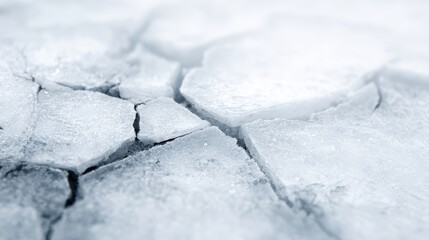 Close-up view of intricately cracked ice reveals a complex network of deep fissures and translucent layers, showcasing frozen textures and winter's crystalline formations