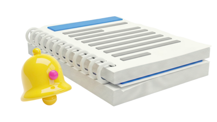 3D Render of a Notification Bell Next to a Spiral Notebook
