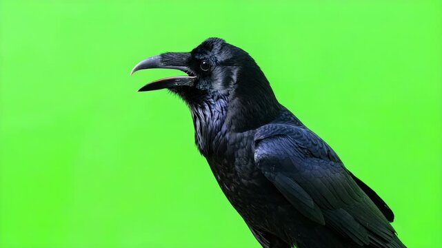 Close-up of a black raven cawing with an open beak against a vibrant green background