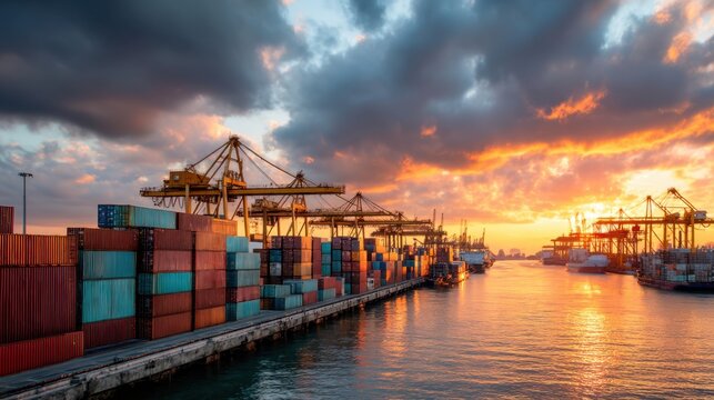Cargo ship loading in container port at beautiful sunset. Global trade and logistic concept. Import export business.