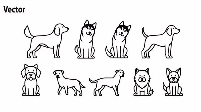 Collection Of Cartoon Dog Breeds In Simple Outline Vector Art