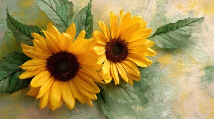 Two bright yellow sunflowers with green leaves on hand painted textured background. Summer season harvest or nature floral concept.