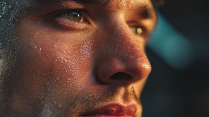 Close up of man face sweating after intense workout. Concept of hard work, effort, and fitness for sports and healthy lifestyle.
