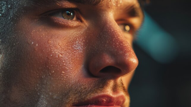 Close up of man face sweating after intense workout. Concept of hard work, effort, and fitness for sports and healthy lifestyle.