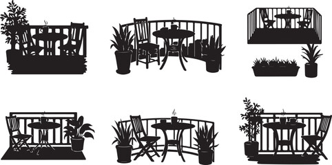 Silhouette of various balcony and patio settings with furniture