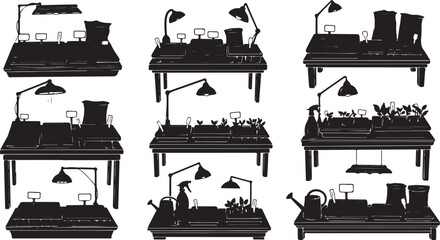 Collection of black and white desk workspace silhouettes